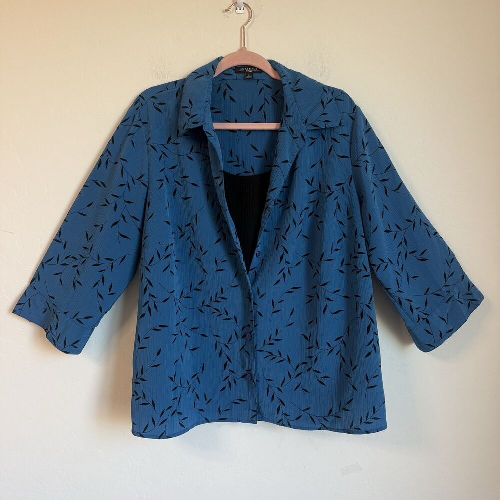 Notations Womens 2X Layered Blue Leafy Crepey Career Blouse Loose Flowy Business